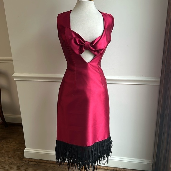 Christine Phillips Dresses & Skirts - Designer Sample Cocktail Dress Red Silk Sleeveless Leather Fringe Size 6 NWOT